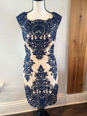 Navy Lace Appliqué Sheath Dress